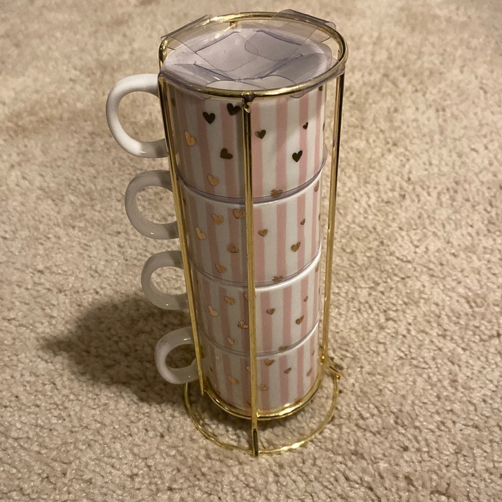 New Stackable Pink & White Striped With Pink Hearts Espresso Cups